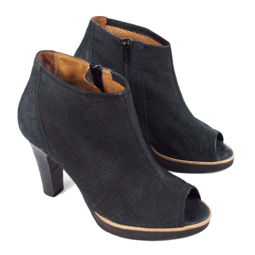Paul Green Beacon Perforated Black Nubuck Open Toe Booties